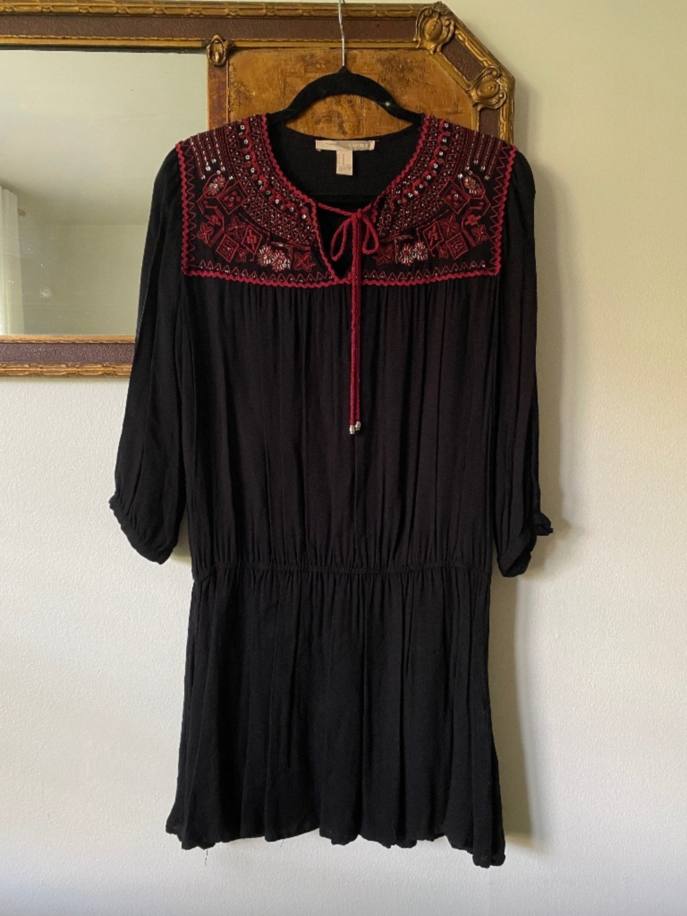 Vintage y2k Forever 21 Black Embroidered Beaded Boho Mini Dress Indie Sleaze M